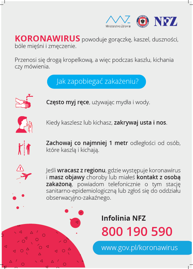 plakat zawiera podstawowe informacje na temat koronawirusa oraz sposoby zapobiegania zakażeniu