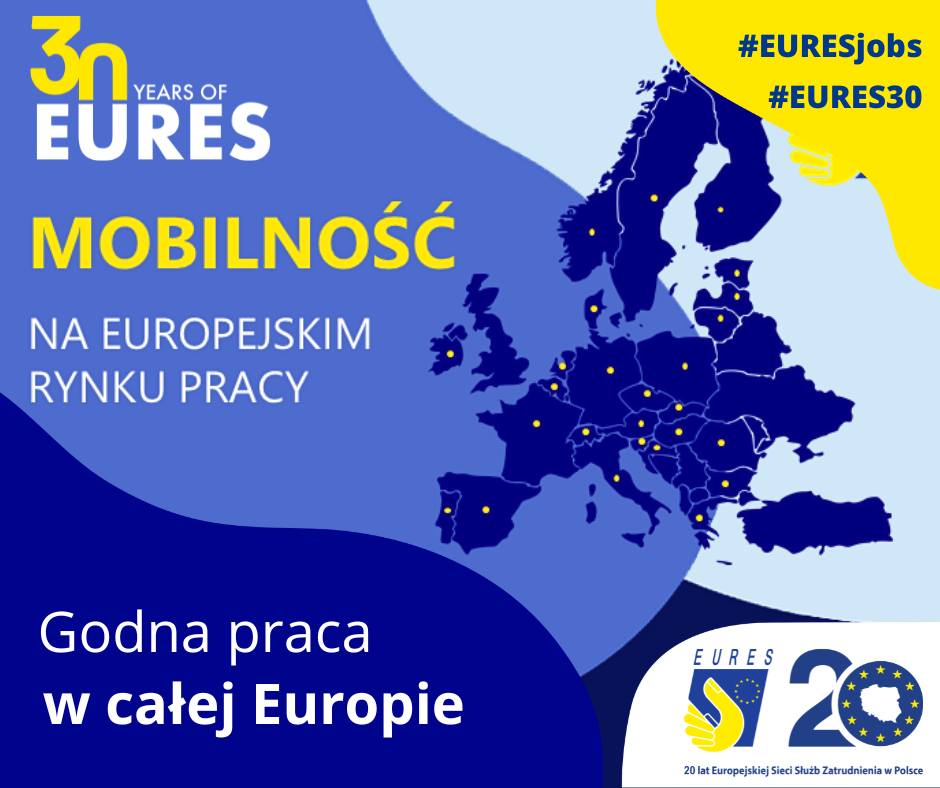 plakat EURES - Mapa Europy z zaznaczonymi stolicami