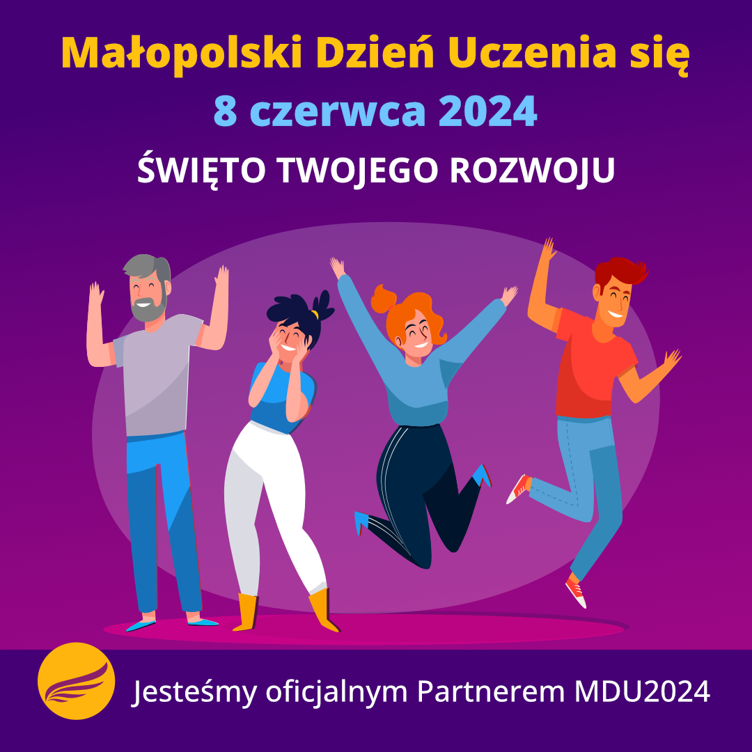 baner Małopolski dzień uczenia się - uśmiechnięci ludzie z podniesionymi w górę rękoma