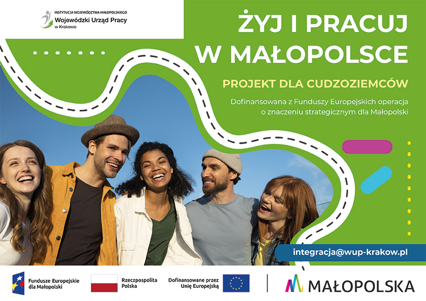 baner Żyj i pracuj w Małopolsce, grupa uśmiechniętych ludzi